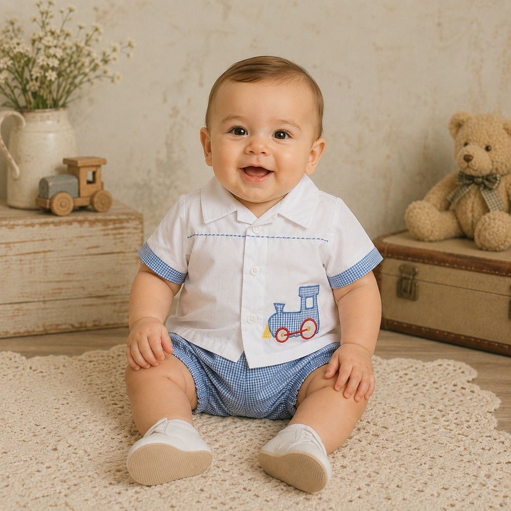 Vintage Cradle Togs Baby Boy Gingham Train Shirt & Bloomers Set 0-6M NWT